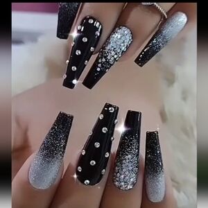🔥3/$21 Glossy Glittery with Sequins & Rhinestones long Press on nails 24 count